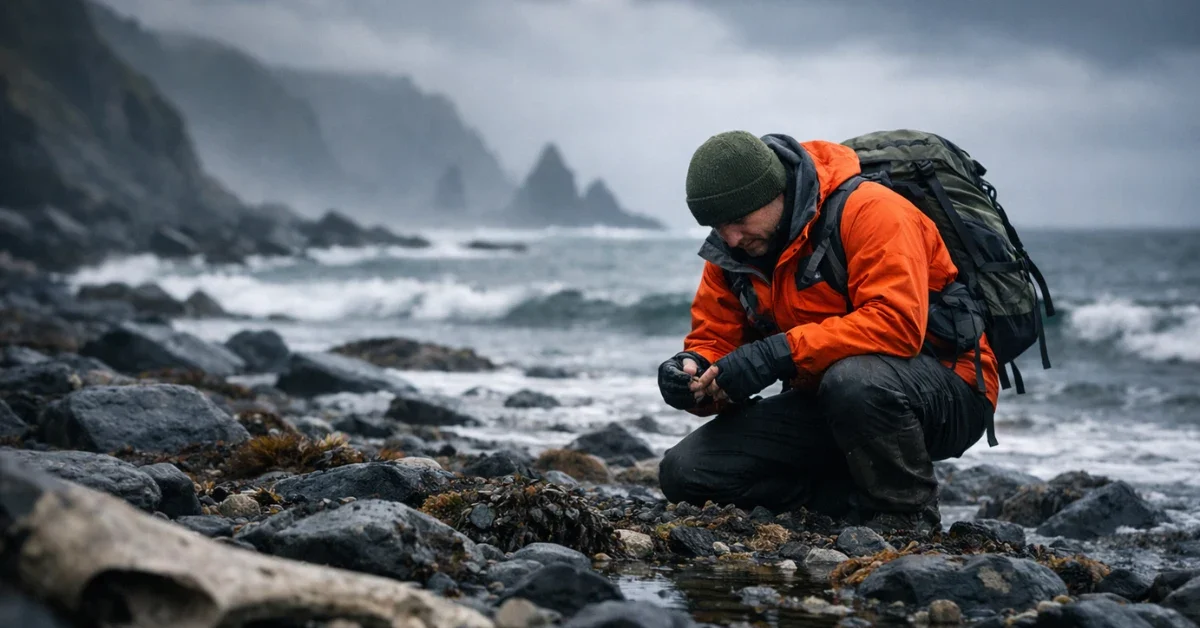 A rugged, rocky beach on Bering Island under overcast skies, representing the remote location where researchers discovered severed killer whale fins.