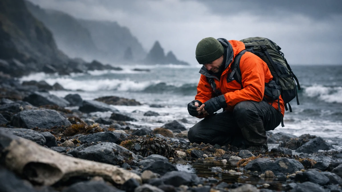 A rugged, rocky beach on Bering Island under overcast skies, representing the remote location where researchers discovered severed killer whale fins.