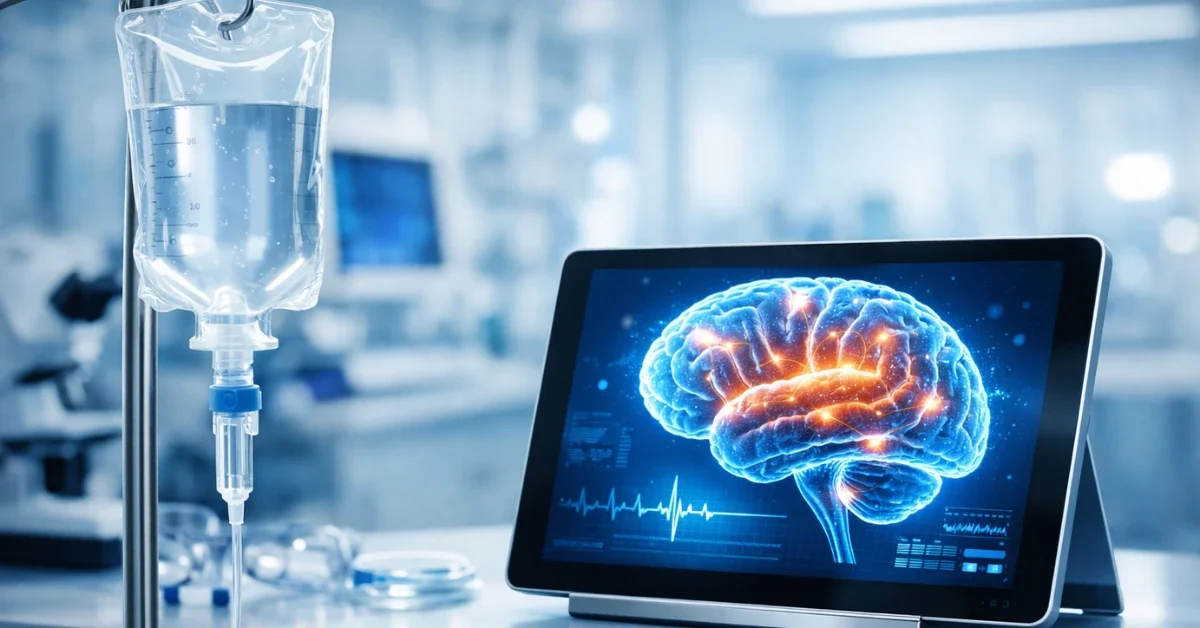 A modern clinical setting showing an IV drip and a digital tablet displaying a 3D human brain model, representing the approval of new Alzheimer's treatments.