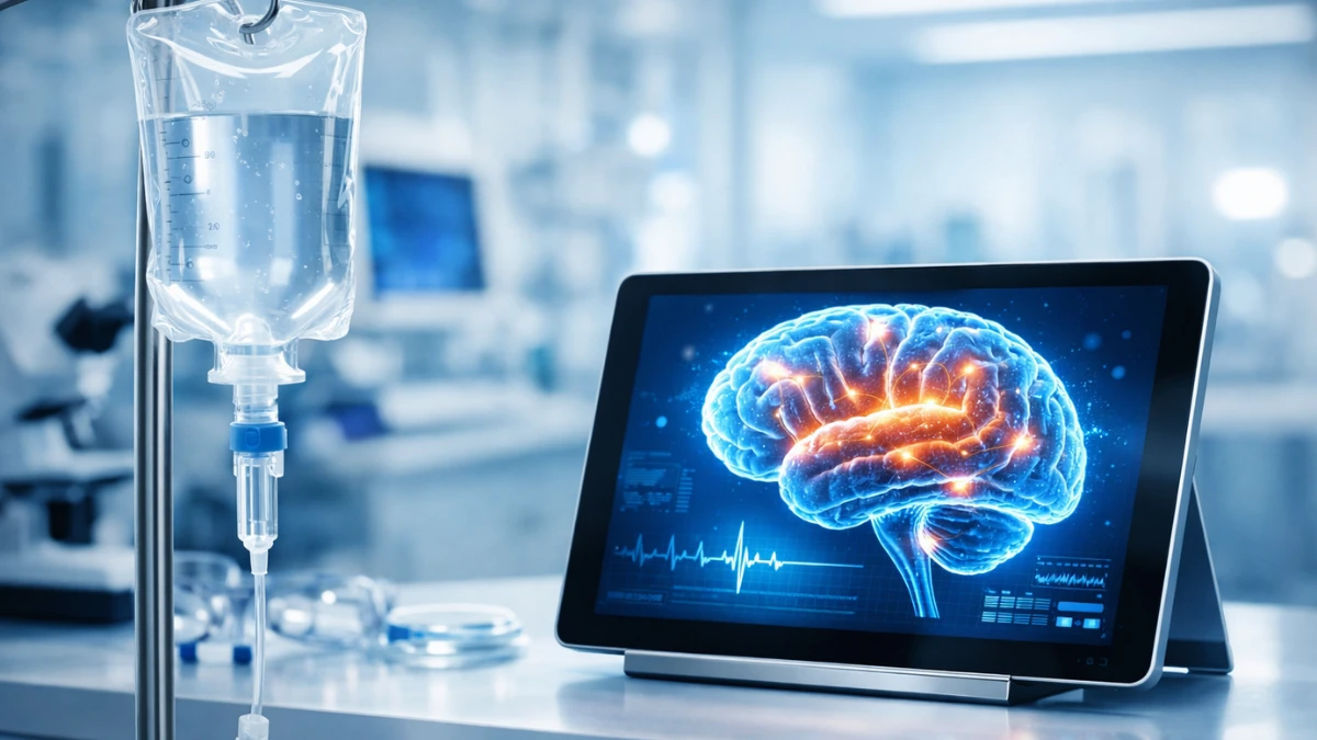 A modern clinical setting showing an IV drip and a digital tablet displaying a 3D human brain model, representing the approval of new Alzheimer's treatments.