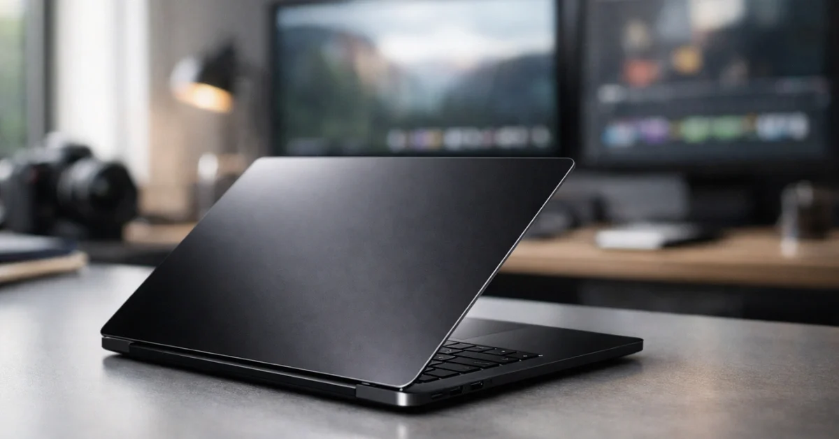 A sleek space black M5 MacBook Pro laptop resting open on a modern studio desk, highlighting its premium design and thin bezels.