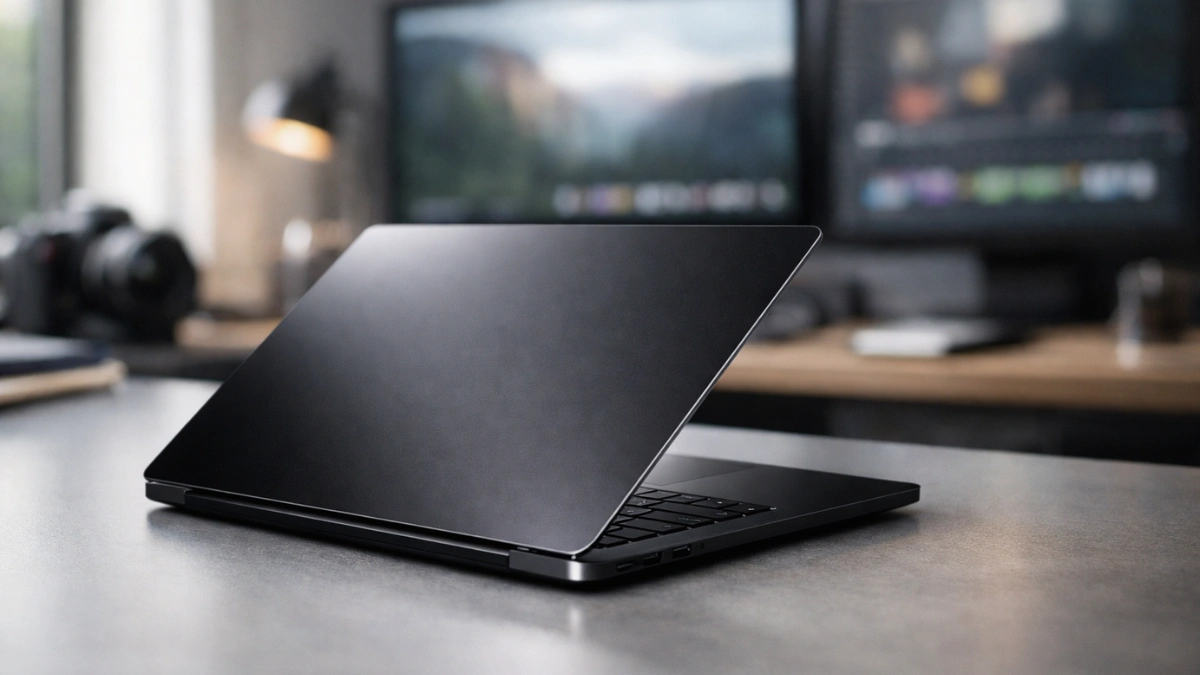 A sleek space black M5 MacBook Pro laptop resting open on a modern studio desk, highlighting its premium design and thin bezels.