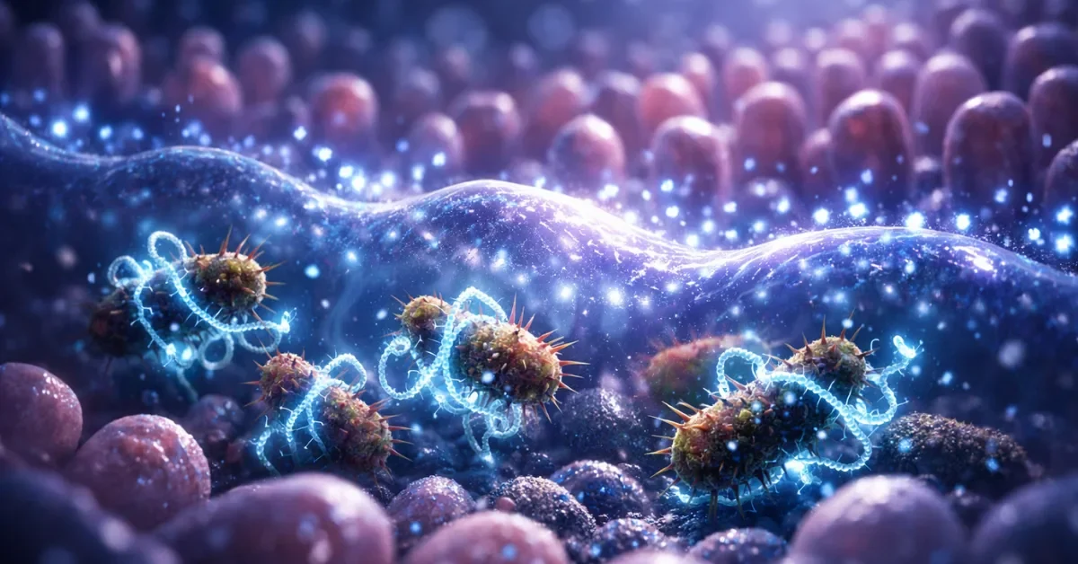 A microscopic 3D rendering of glowing intelectin-2 proteins reinforcing a mucus barrier and neutralizing harmful bacteria in the human gut.