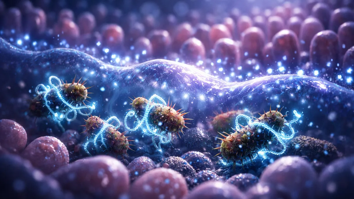 A microscopic 3D rendering of glowing intelectin-2 proteins reinforcing a mucus barrier and neutralizing harmful bacteria in the human gut.