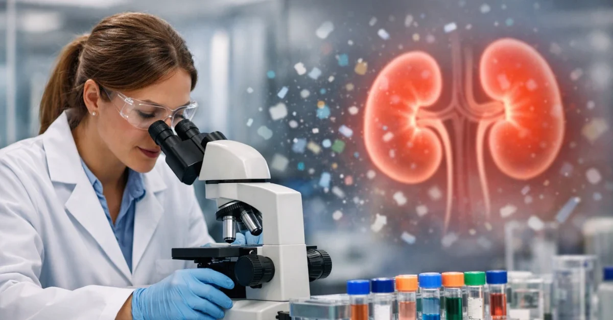 A professional lab scene with a researcher working near a microscope and sample vials, with subtle background visuals suggesting microplastics and kidney research.