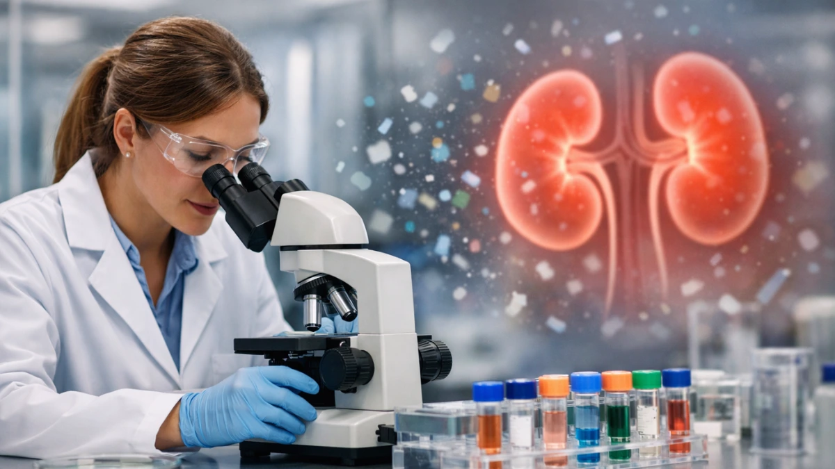 A professional lab scene with a researcher working near a microscope and sample vials, with subtle background visuals suggesting microplastics and kidney research.