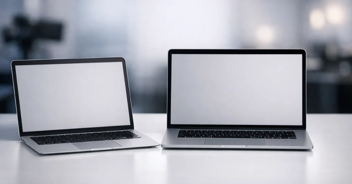 Two slim laptops open on a desk under soft studio lighting in a wide shot.