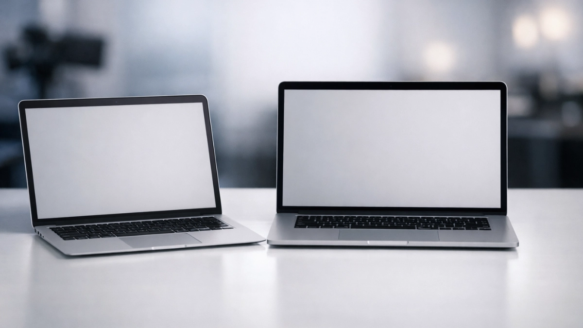 Two slim laptops open on a desk under soft studio lighting in a wide shot.