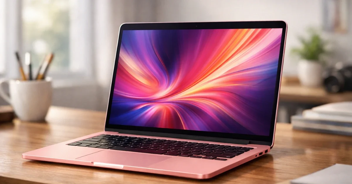 A sleek blush pink MacBook Neo laptop sitting open on a modern wooden desk in a bright, minimalist studio.