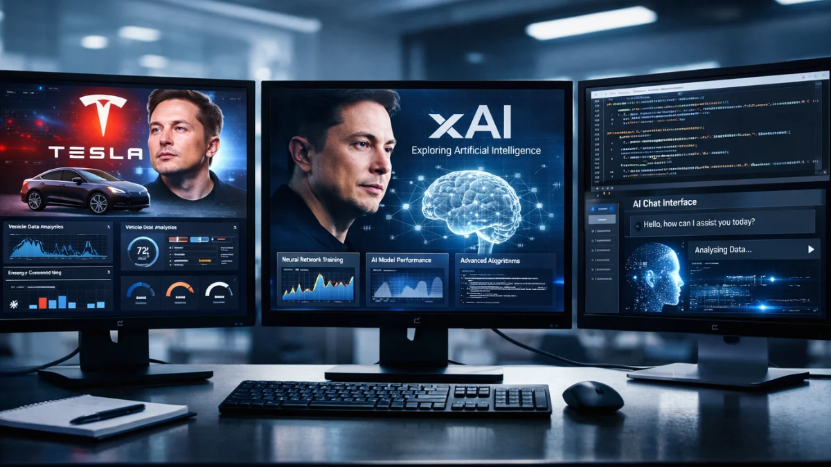 News-style header image showing a modern tech workspace with computer screens representing Tesla, xAI, and the Macrohard software automation project.