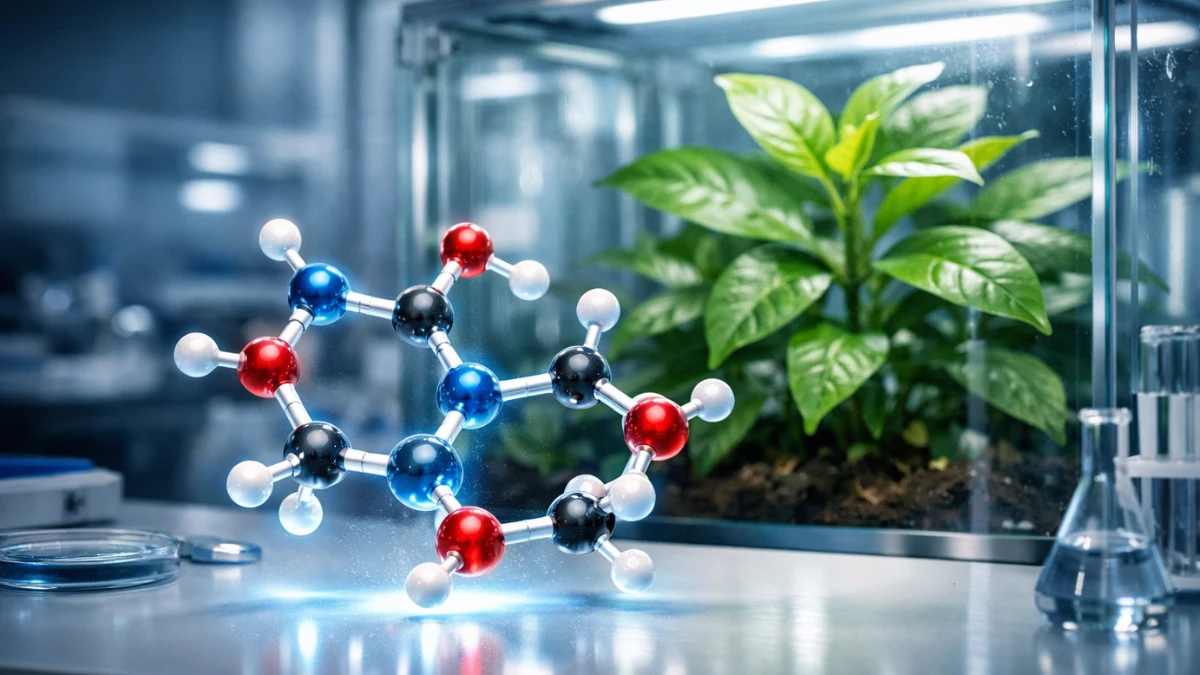 A glowing 3D molecular structure hovering in a modern laboratory with tropical plant leaves visible in a glass terrarium in the background.