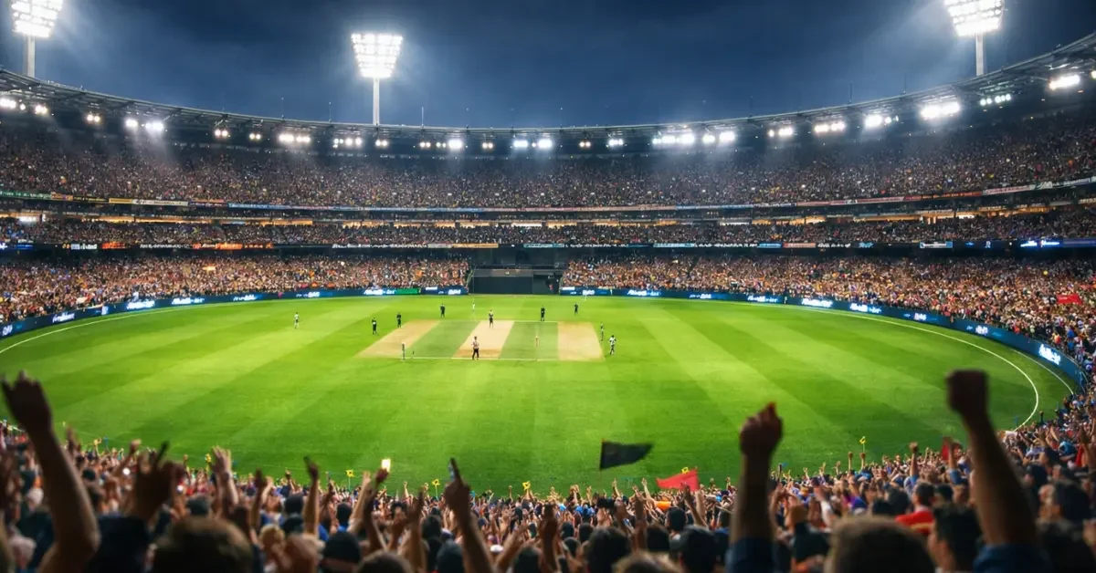 A massive cricket stadium fully illuminated by bright floodlights at night, packed with thousands of cheering fans experiencing a major global sporting event.