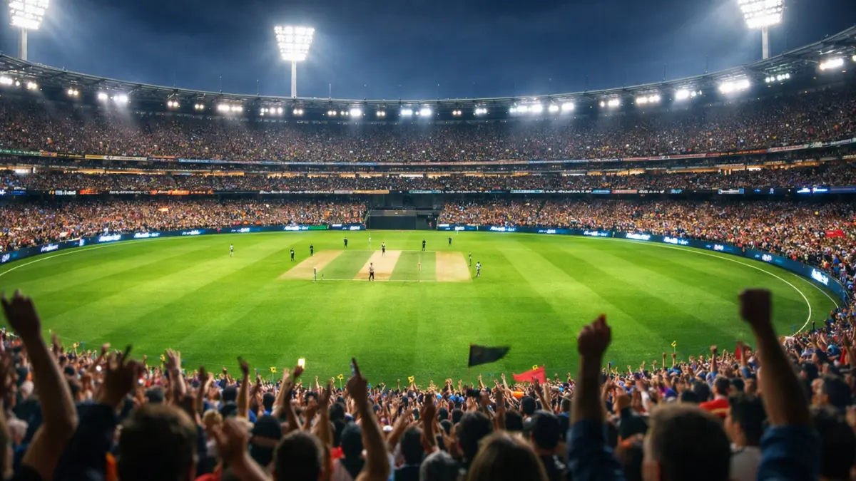 A massive cricket stadium fully illuminated by bright floodlights at night, packed with thousands of cheering fans experiencing a major global sporting event.