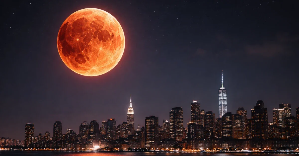 A glowing copper-red blood moon illuminates the dark night sky above a silhouetted city skyline during a total lunar eclipse.