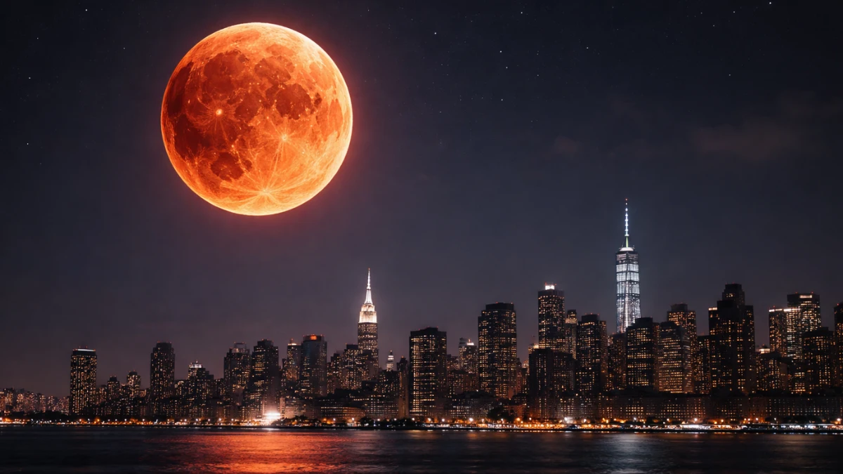 A glowing copper-red blood moon illuminates the dark night sky above a silhouetted city skyline during a total lunar eclipse.