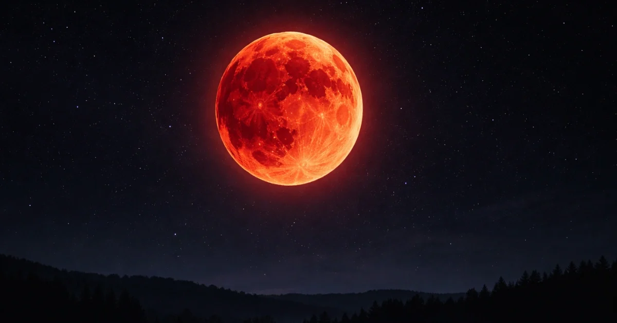 A large, glowing red blood moon illuminates a dark, starry night sky above a silhouetted landscape.