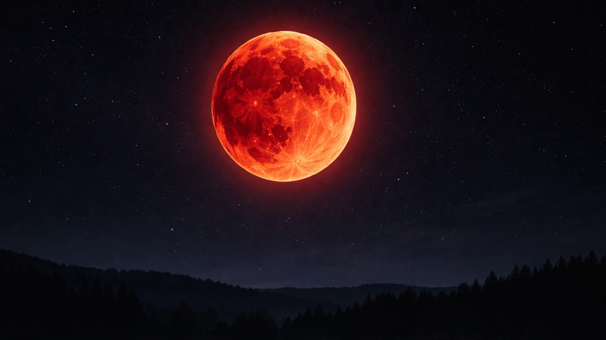A large, glowing red blood moon illuminates a dark, starry night sky above a silhouetted landscape.