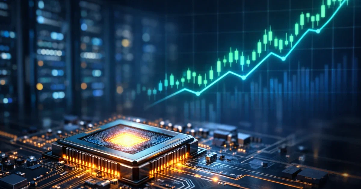 A glowing semiconductor chip in a modern data center with an upward-trending stock chart in the background.