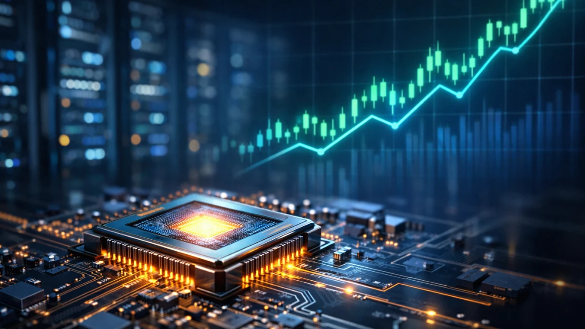 A glowing semiconductor chip in a modern data center with an upward-trending stock chart in the background.