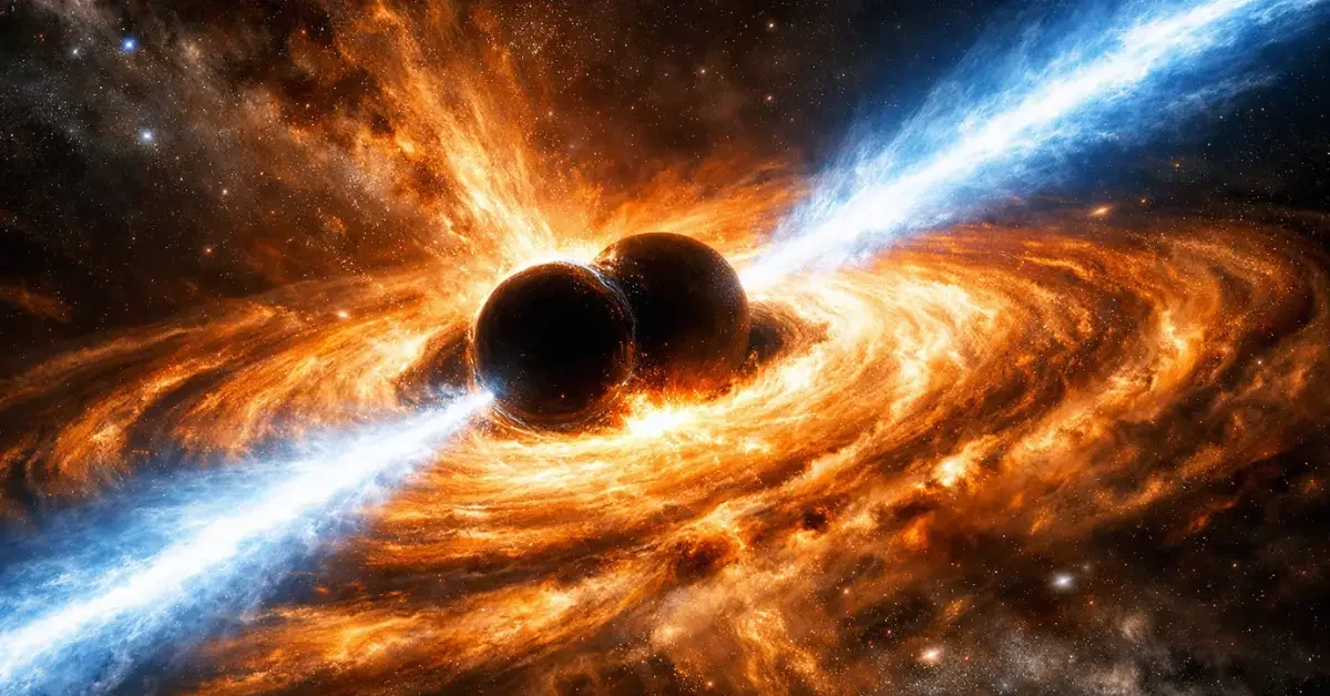 A scientific visualization of two black holes merging within a brightly glowing, orange and gold accretion disk of an active galactic nucleus, emitting powerful blue and white relativistic jets outward into space.