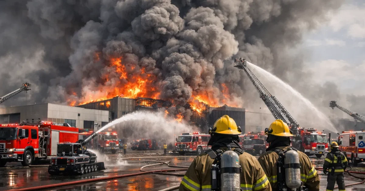 Thick gray smoke billowing from an auto parts factory in Daejeon, South Korea, with multiple fire trucks and emergency personnel responding to the massive blaze.