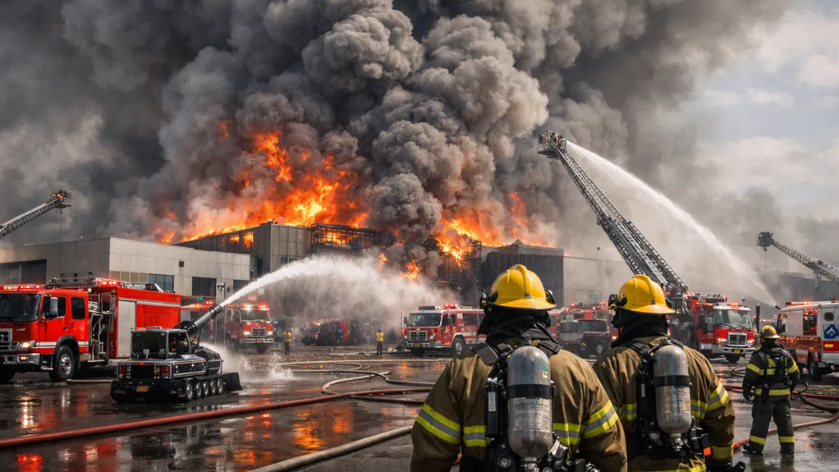 Thick gray smoke billowing from an auto parts factory in Daejeon, South Korea, with multiple fire trucks and emergency personnel responding to the massive blaze.