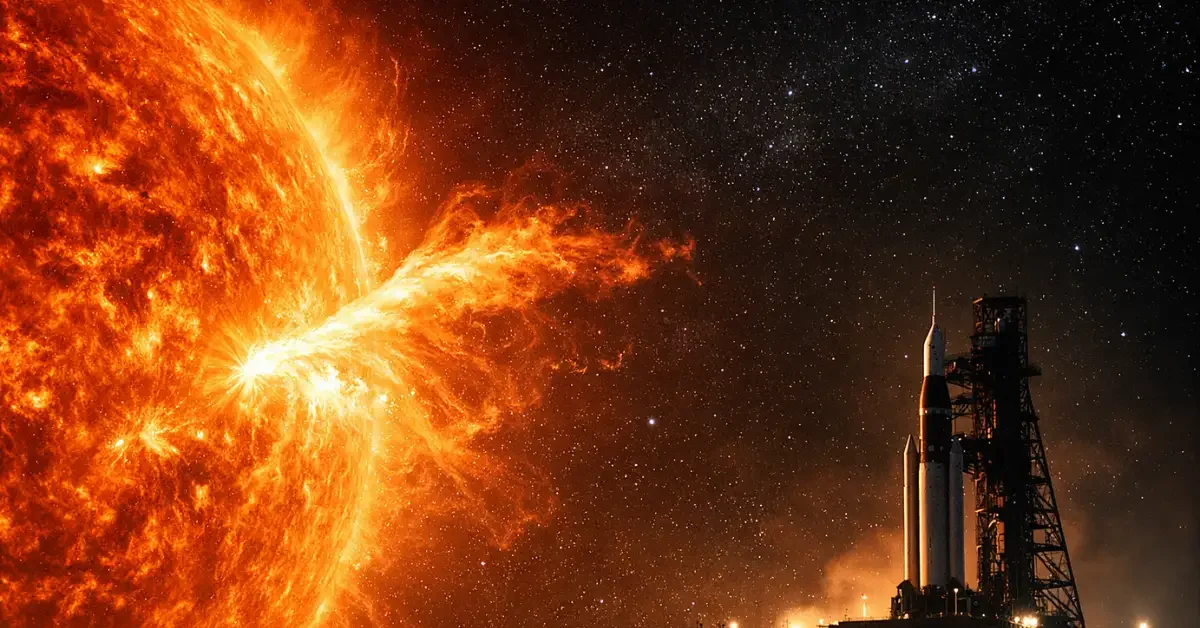 A hyper-realistic depiction of a bright orange solar flare erupting from the sun alongside a silhouetted space rocket on a launch pad.