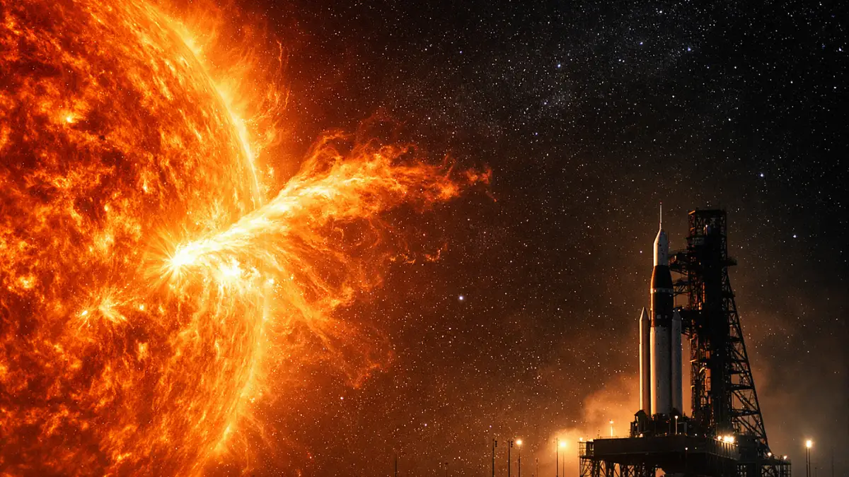 A hyper-realistic depiction of a bright orange solar flare erupting from the sun alongside a silhouetted space rocket on a launch pad.