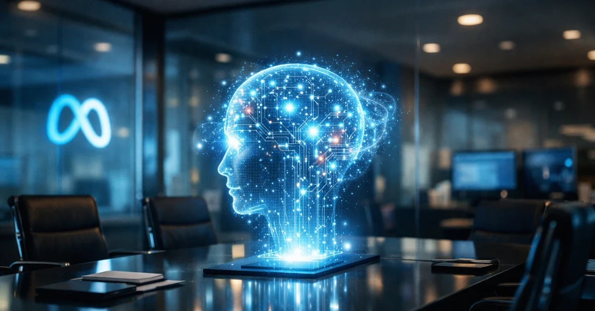 A modern tech office conference table featuring a glowing artificial intelligence hologram, representing Meta's internal AI integration.