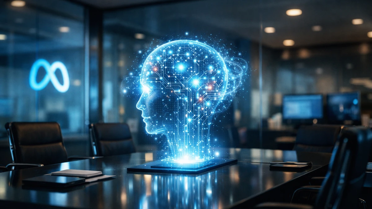 A modern tech office conference table featuring a glowing artificial intelligence hologram, representing Meta's internal AI integration.