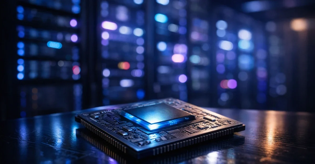 A highly detailed futuristic computer chip resting on a reflective surface with brightly lit data center server racks blurred in the background.