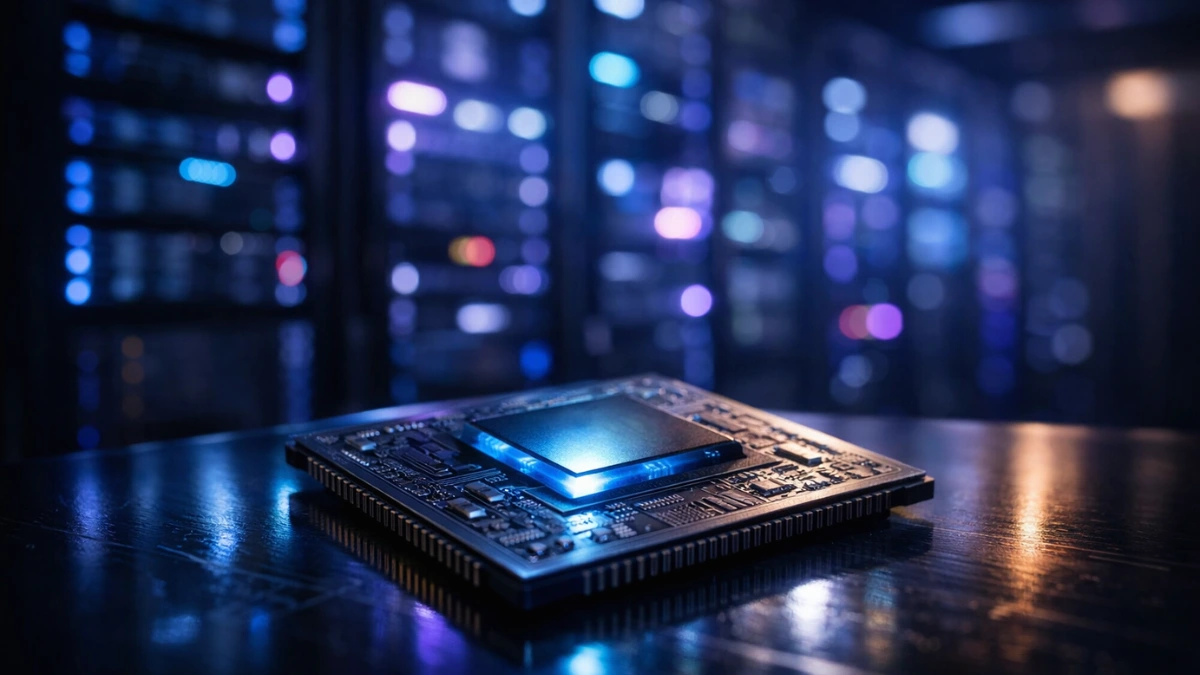 A highly detailed futuristic computer chip resting on a reflective surface with brightly lit data center server racks blurred in the background.