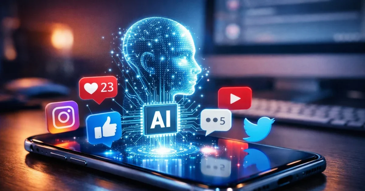 A modern smartphone displaying glowing artificial intelligence animations and social media icons in a high-tech workspace.