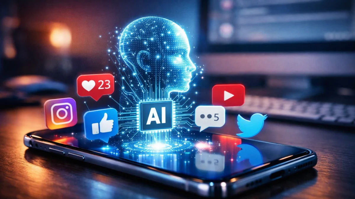 A modern smartphone displaying glowing artificial intelligence animations and social media icons in a high-tech workspace.