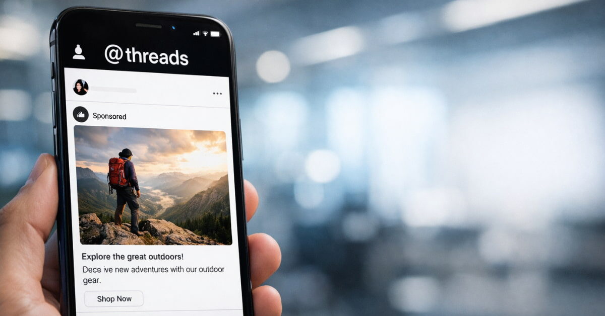 A smartphone displaying the Threads app with an ad in the feed, representing Meta's global rollout of Threads advertising to over 400 million users.