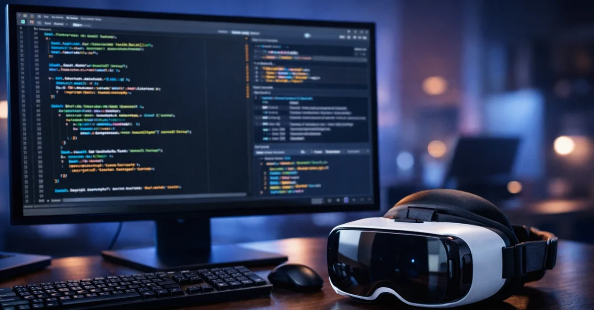 A sleek developer workspace featuring a computer monitor displaying code next to a virtual reality headset, representing Meta Horizon app development for Android 14.