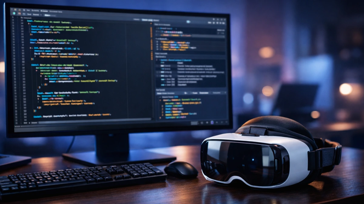 A sleek developer workspace featuring a computer monitor displaying code next to a virtual reality headset, representing Meta Horizon app development for Android 14.