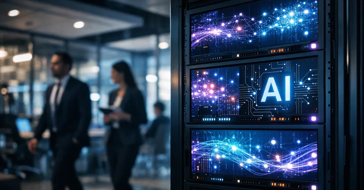 A modern corporate tech office with glowing digital screens displaying artificial intelligence networks, representing Meta's pivot toward AI infrastructure.