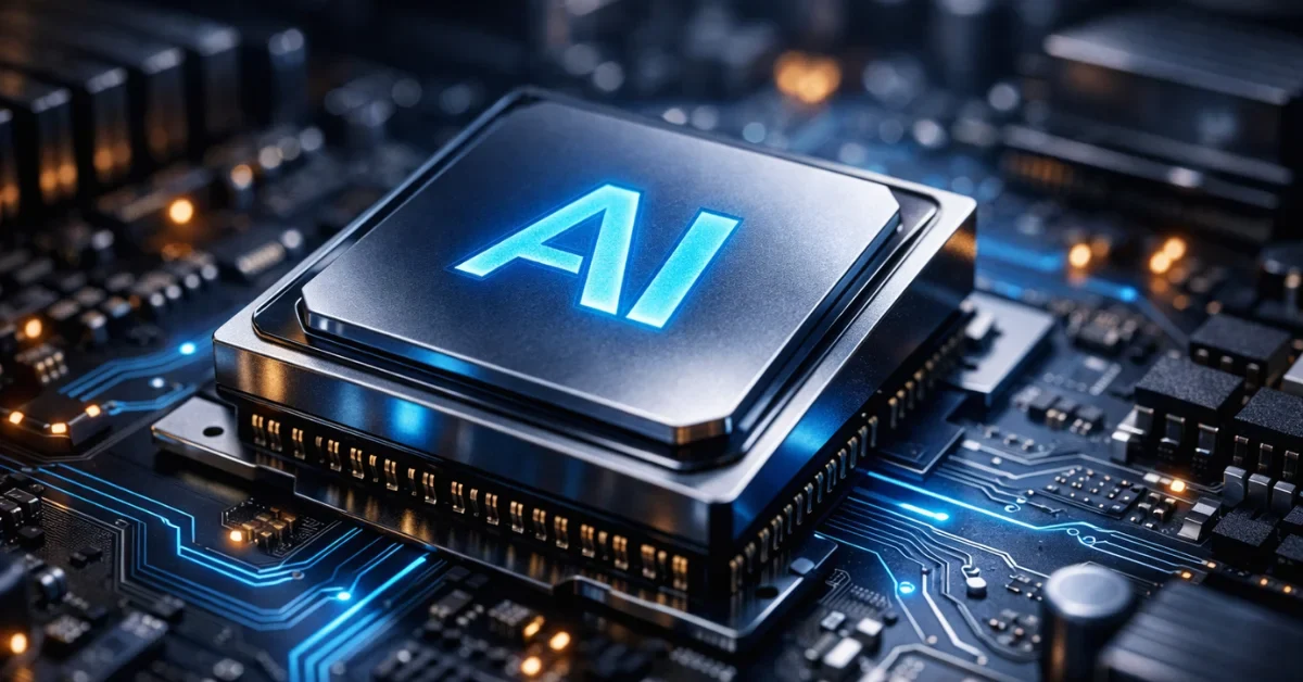 A highly detailed, metallic Meta MTIA AI processor resting on a glowing high-tech server motherboard.