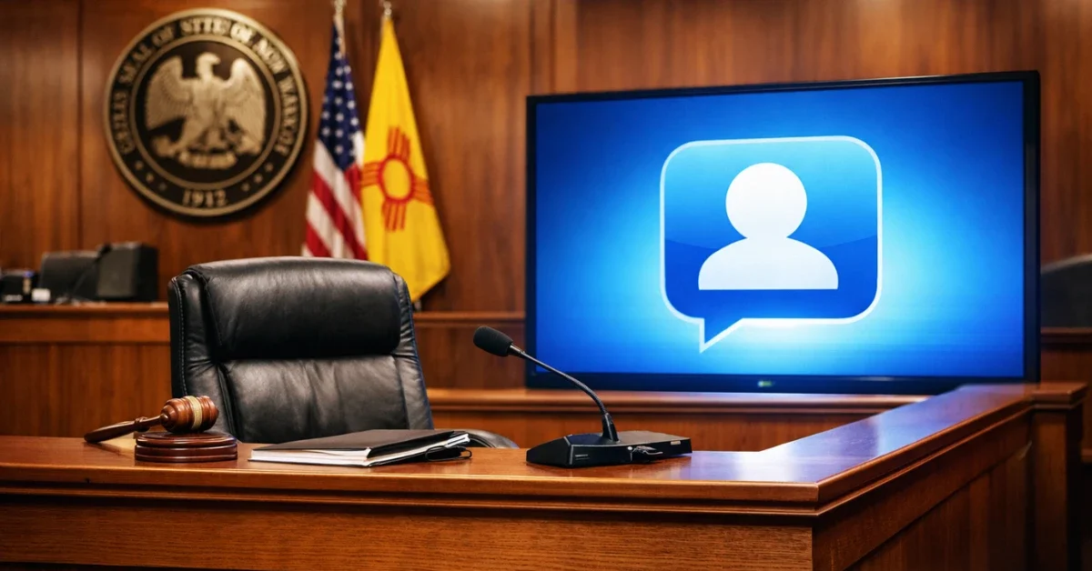 A hyper-realistic wide shot of a solemn modern courtroom interior featuring a wooden judge's bench and a screen displaying a social media logo.