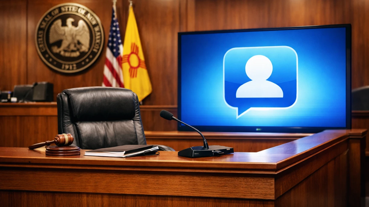 A hyper-realistic wide shot of a solemn modern courtroom interior featuring a wooden judge's bench and a screen displaying a social media logo.