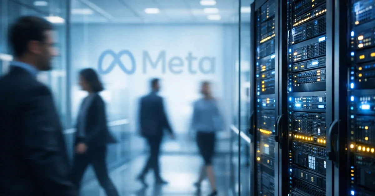 Blurred tech employees walking in a modern glass office next to glowing server racks, representing Meta workforce reductions and AI investments.