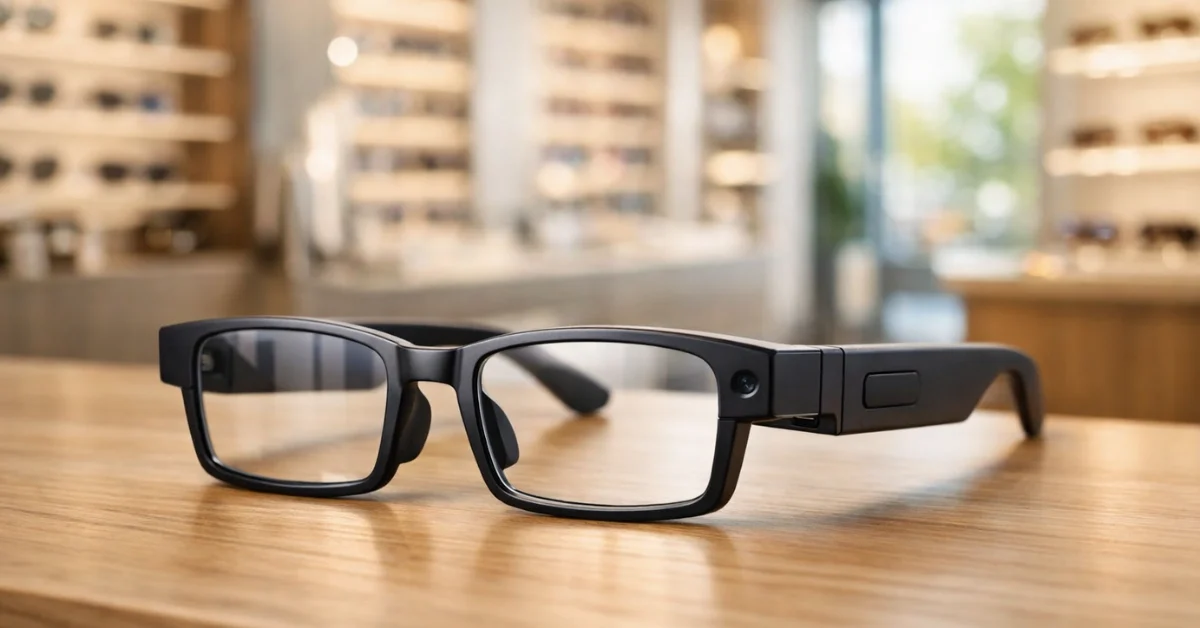 A close-up of a sleek pair of rectangular Meta Ray-Ban prescription smart glasses resting on a wooden surface in a well-lit optical store.