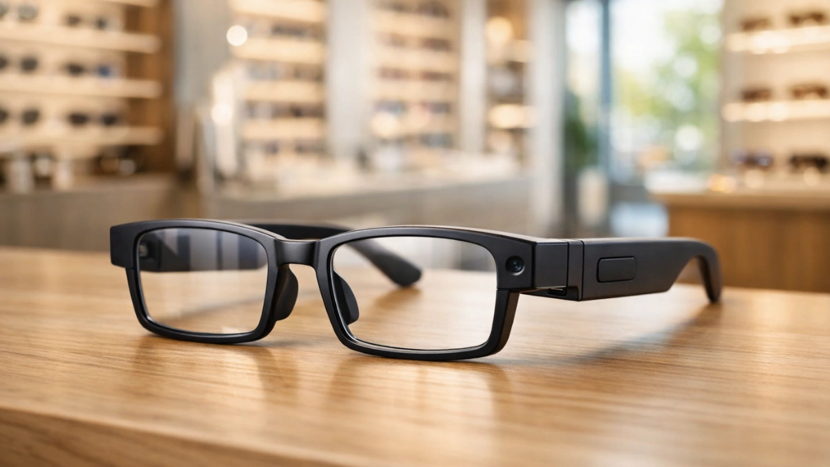 A close-up of a sleek pair of rectangular Meta Ray-Ban prescription smart glasses resting on a wooden surface in a well-lit optical store.