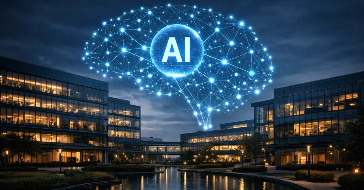 A modern corporate glass building at dusk with a blue artificial intelligence hologram glowing above it.