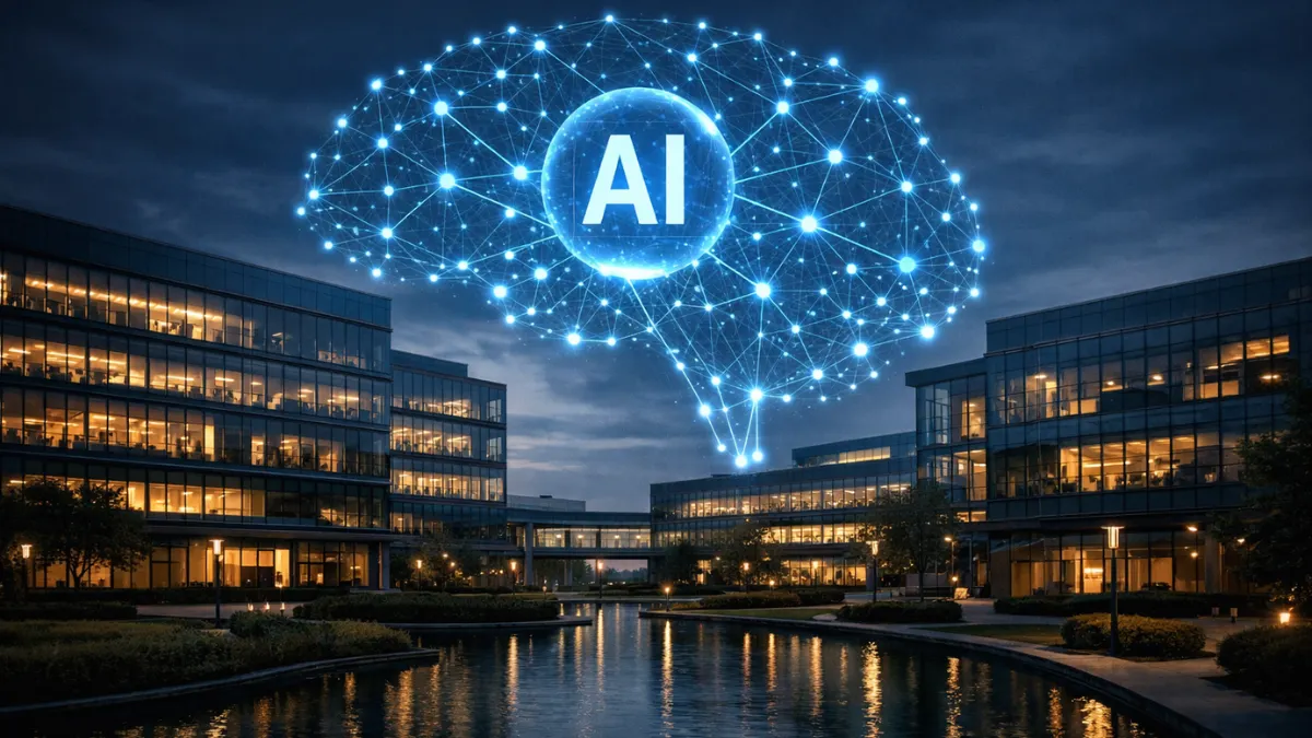 A modern corporate glass building at dusk with a blue artificial intelligence hologram glowing above it.