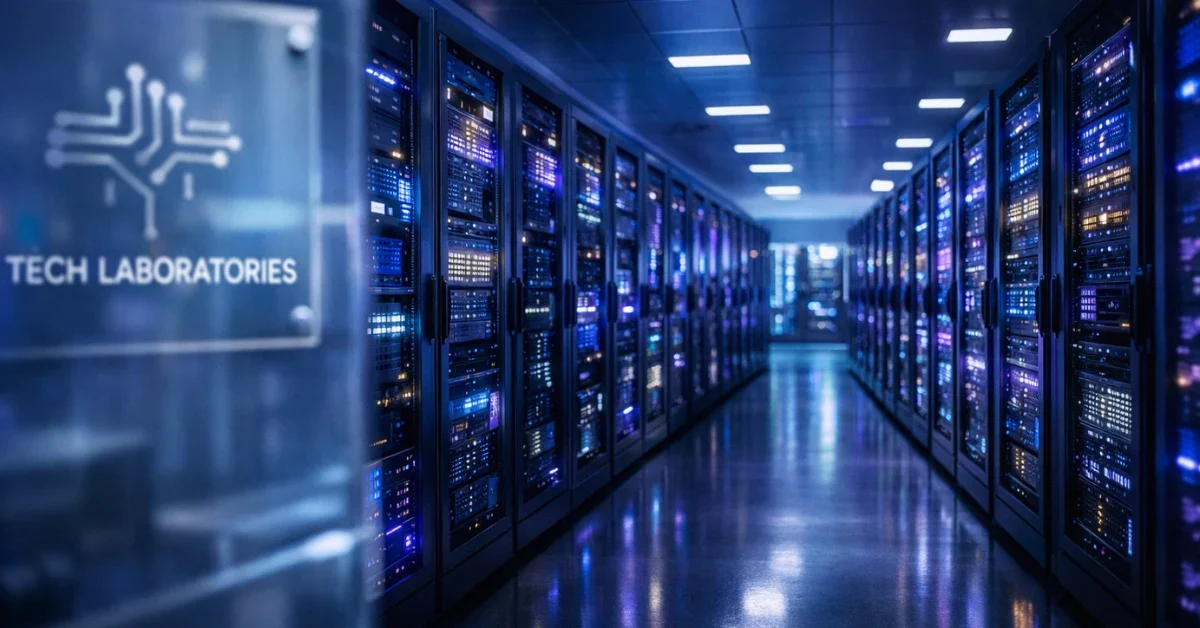 A sleek, high-tech server room with glowing blue racks representing advanced artificial intelligence chip infrastructure and data processing centers.