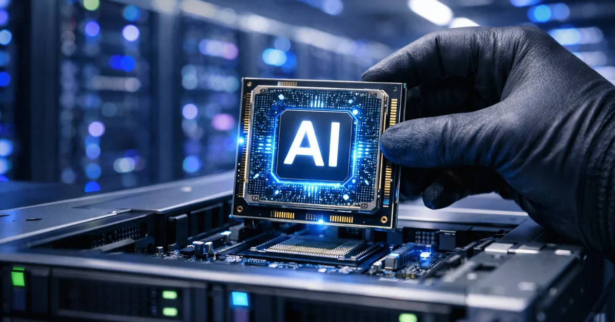 A glowing custom artificial intelligence microchip being installed into a modern server rack inside a brightly lit corporate data center.