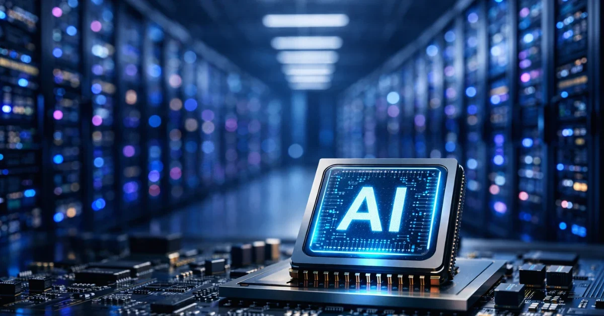 A glowing, high-tech custom AI silicon chip in sharp focus in the foreground, with illuminated data center server racks blurred in the background.