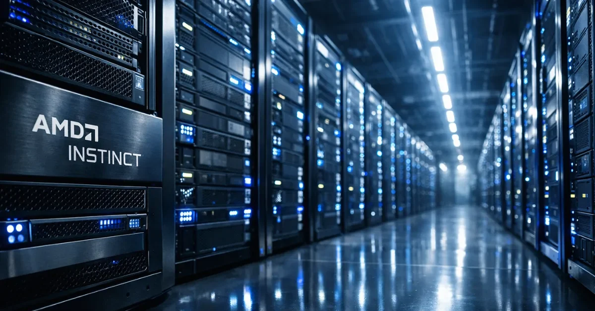 Interior of a large-scale AI data center with rows of AMD Instinct GPU server racks illuminated by cool blue LED lighting, representing Meta's multi-gigawatt AI infrastructure deployment under its new partnership with AMD.